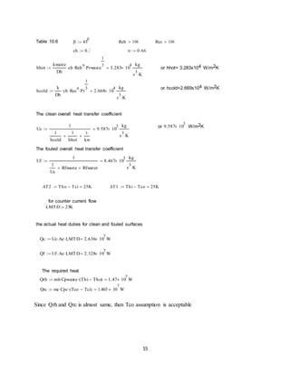 15
Since Qrh and Qrc is almost same, then Tco assumption is acceptable
Table 10.6
or hhot= 3.283x104 W/m2K
or hcold=2.669x104 W/m2K
The clean overall heat transfer coefficient
or W/m2K
The fouled overall heat transfer coefficient
for counter current flow
the actual heat duties for clean and fouled surfaces
The required heat
 45
0
 Reh 100 Rec 100
ch 0.3 n 0.663
hhot
kwaste
Dh
ch Reh
n
 Prwaste
1
3
 3.283 10
4

kg
s
3
K

hcold
k
Dh
ch Rec
n
 Pr
1
3
 2.668 10
4

kg
s
3
K

Uc
1
1
hcold
1
hhot

t
kw

9.587 10
3

kg
s
3
K

9.587 10
3

Uf
1
1
Uc
Rfwaste Rfwater
8.467 10
3

kg
s
3
K

T2 Tho Tci 25K T1 Thi Tco 25K
LMT D 25K
Qc Uc Ae LMTD 2.636 10
7
 W
Qf Uf Ae LMTD 2.328 10
7
 W
Qrh mh Cpwaste Thi Tho( ) 1.47 10
7
 W
Qrc mc Cpc Tco Tci( ) 1.465 10
7
 W
 