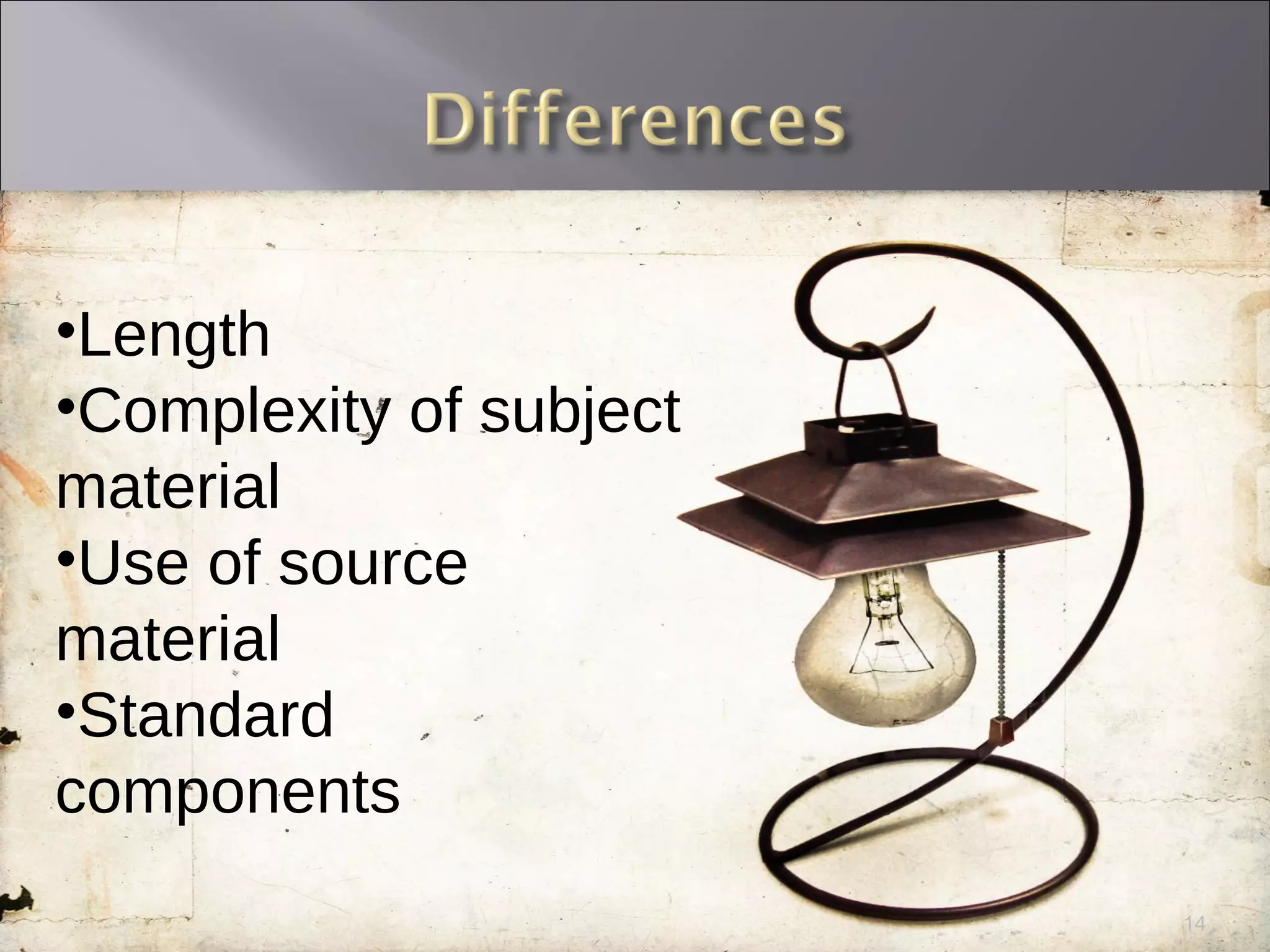 Length Complexity of subject material Use of source material Standard components 