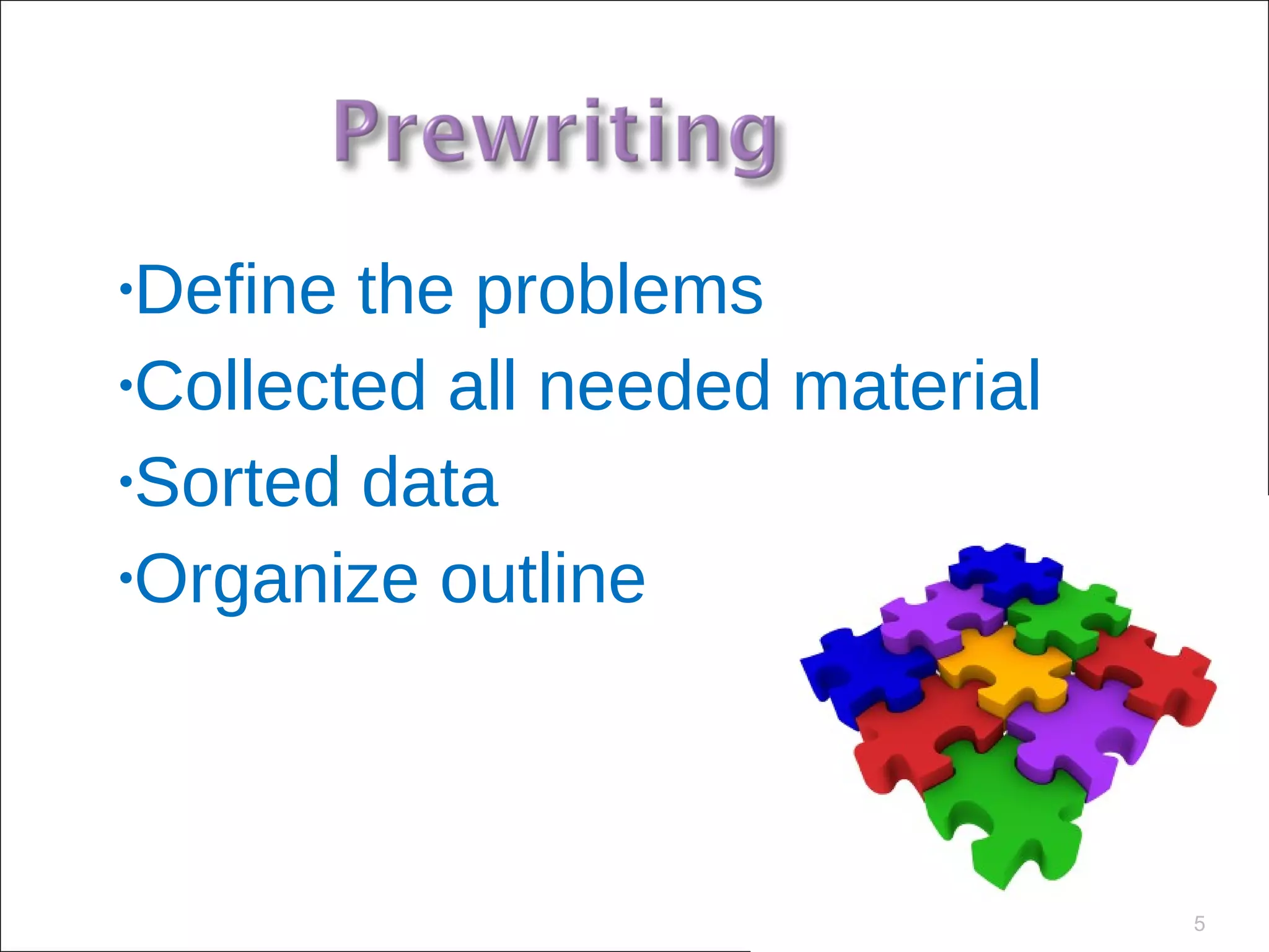 Define the problems  Collected all needed material Sorted data  Organize outline 