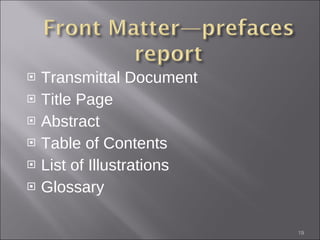 Transmittal Document Title Page Abstract Table of Contents List of Illustrations Glossary  