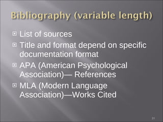List of sources Title and format depend on specific documentation format  APA (American Psychological Association)— References MLA (Modern Language Association)—Works Cited 