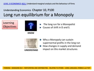 LEVEL 3 ECONOMICS AS3.1 Understand marginal analysis and the behaviour of firms


Understanding Economics Chapter 10, P100
Long run equilibrium for a Monopoly
Learning                                           The long run for a Monopolist
Objectives                                         Causes of shift in D and S.

                               KNOW

                                                   Why a Monopoly can sustain
                                                   supernormal profits in the long run
                                                   How changes in supply and demand
                           UNDERSTAND              impact on this market structures




THINKING – MANAGING SELF – PARTICIPATING AND CONTRIBUTING - RELATING TO OTHERS – USING LANGUAGE, SYMBOLS and TEXT
 