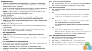 1950s: Beginnings of NLP
 1950: Alan Turing publishes "Computing Machinery and Intelligence", introducing the
Turing Test to evaluate a machine's ability to exhibit intelligent behavior equivalent to or
indistinguishable from that of a human.
 1954: The Georgetown-IBM experiment demonstrates machine translation, translating 60
Russian sentences into English. This is one of the earliest NLP experiments.
 1957: Noam Chomsky introduces transformational grammar in "Syntactic Structures",
laying the theoretical foundation for many linguistic models.
1960s: Rule-Based Systems
 1964-1966: ELIZA, one of the first chatbots, is developed by Joseph Weizenbaum,
demonstrating simple natural language understanding through pattern matching.
 1966: The ALPAC Report criticizes machine translation efforts, leading to reduced funding
for NLP in the U.S.
1970s: Emergence of Parsing and Semantics
 1970: William A. Woods develops the Augmented Transition Network (ATN) for parsing
natural language.
 1972: SHRDLU, developed by Terry Winograd, showcases NLP capabilities in a virtual
blocks world, integrating syntax, semantics, and reasoning.
• 1980s: Statistical Methods
 1980: Introduction of the concept of probabilistic language models, moving beyond
purely rule-based systems.
 1983: The development of WordNet by George Miller begins, creating a semantic network
for English.
• 1990s: Statistical and Machine Learning Approaches
 1990s: Hidden Markov Models (HMMs) and n-gram models become widely used for tasks
like speech recognition and part-of-speech tagging.
 1996: IBM develops BLEU, a metric for evaluating machine translation quality.
 1999: Latent Semantic Analysis (LSA) emerges for information retrieval and document
similarity.
2000s: Rise of Probabilistic Models and Tools
 2001: Conditional Random Fields (CRFs) are introduced for sequence labeling tasks.
 2003: Stanford Parser is released, providing tools for syntactic analysis.
2010s: Deep Learning Revolution
 2013: Word2Vec, introduced by Google, revolutionizes word embeddings using
neural networks.
 2014:
o GloVe (Global Vectors for Word Representation) is introduced by Stanford.
o Seq2Seq models, a foundation for machine translation, gain popularity.
 2017:
o The Transformer architecture is introduced in the paper "Attention is All You
Need", laying the foundation for modern NLP models.
o ELMo (Embeddings from Language Models) demonstrates contextualized
embeddings.
 2018:
o OpenAI introduces GPT (Generative Pre-trained Transformer).
o BERT (Bidirectional Encoder Representations from Transformers) is introduced
by Google, setting new state-of-the-art results for many NLP tasks.
2020s: Large Language Models and Multimodal Systems
 2020: GPT-3, a 175-billion parameter model by OpenAI, demonstrates
unprecedented language generation capabilities.
 2021: Multimodal models like CLIP and DALL-E combine text and images.
 2022: ChatGPT, based on GPT-3.5, provides a conversational AI experience.
 2023: Models like GPT-4 improve multi-modality, reasoning, and understanding.
 
