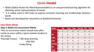 • GloVe (Global Vectors for Word Representation) is an unsupervised learning algorithm for
obtaining vector representations of words.
• It is widely used in NLP tasks to capture semantic meaning and relationships between
words.
• GloVe was developed by researchers at Stanford University
GloVe Model
How GloVe Works
Step 1: Build a Co-occurrence Matrix
•The co-occurrence matrix records how often
words co-occur within a given context window in
the corpus.
•Example Corpus: I like deep learning.
I like NLP.
I enjoy flying.
 