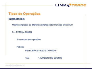 Tipos de OperaçõesIntersetoriais Mesmo empresas de diferentes setores podem ter algo em comum Ex.: PETR4 e TAMM4 Em comum tem o petróleo Petróleo :PETROBRÁS = RECEITA MAIORTAM	= AUMENTO DE CUSTOS