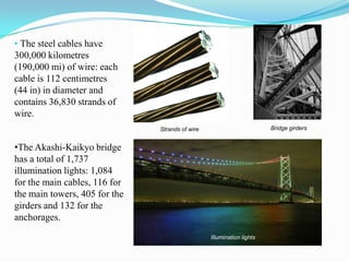 • The steel cables have
300,000 kilometres
(190,000 mi) of wire: each
cable is 112 centimetres
(44 in) in diameter and
contains 36,830 strands of
wire.
                               Strands of wire                         Bridge girders


•The Akashi-Kaikyo bridge
has a total of 1,737
illumination lights: 1,084
for the main cables, 116 for
the main towers, 405 for the
girders and 132 for the
anchorages.
                                                 Illumination lights
 