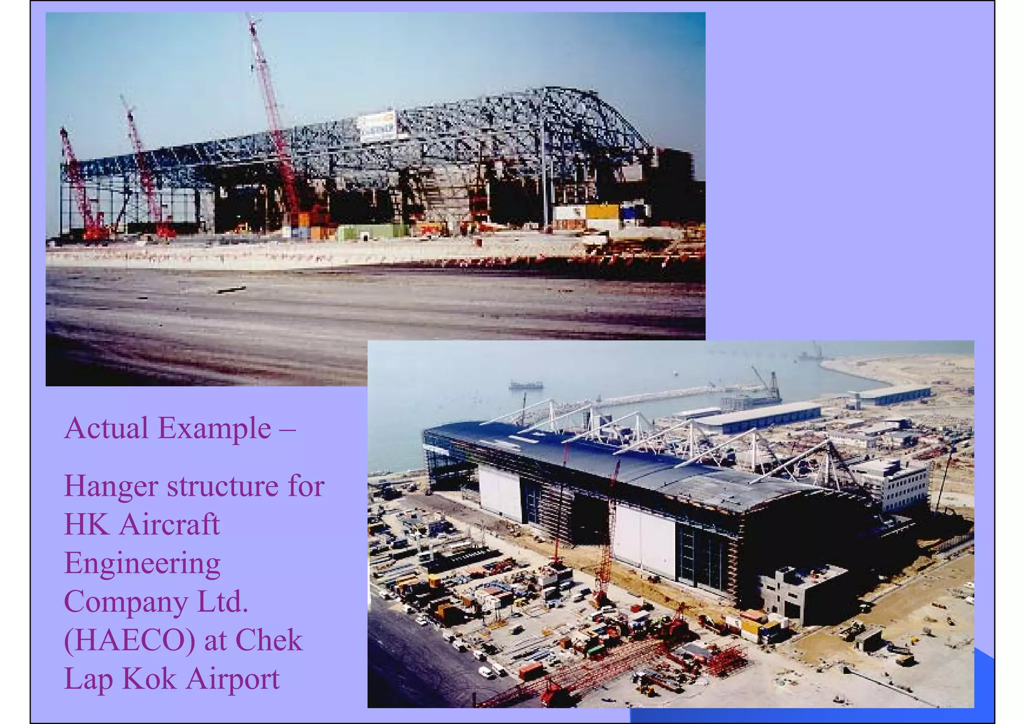 Actual Example –
Hanger structure for
HK Aircraft
Engineering
Company Ltd.
(HAECO) at Chek
Lap Kok Airport
 