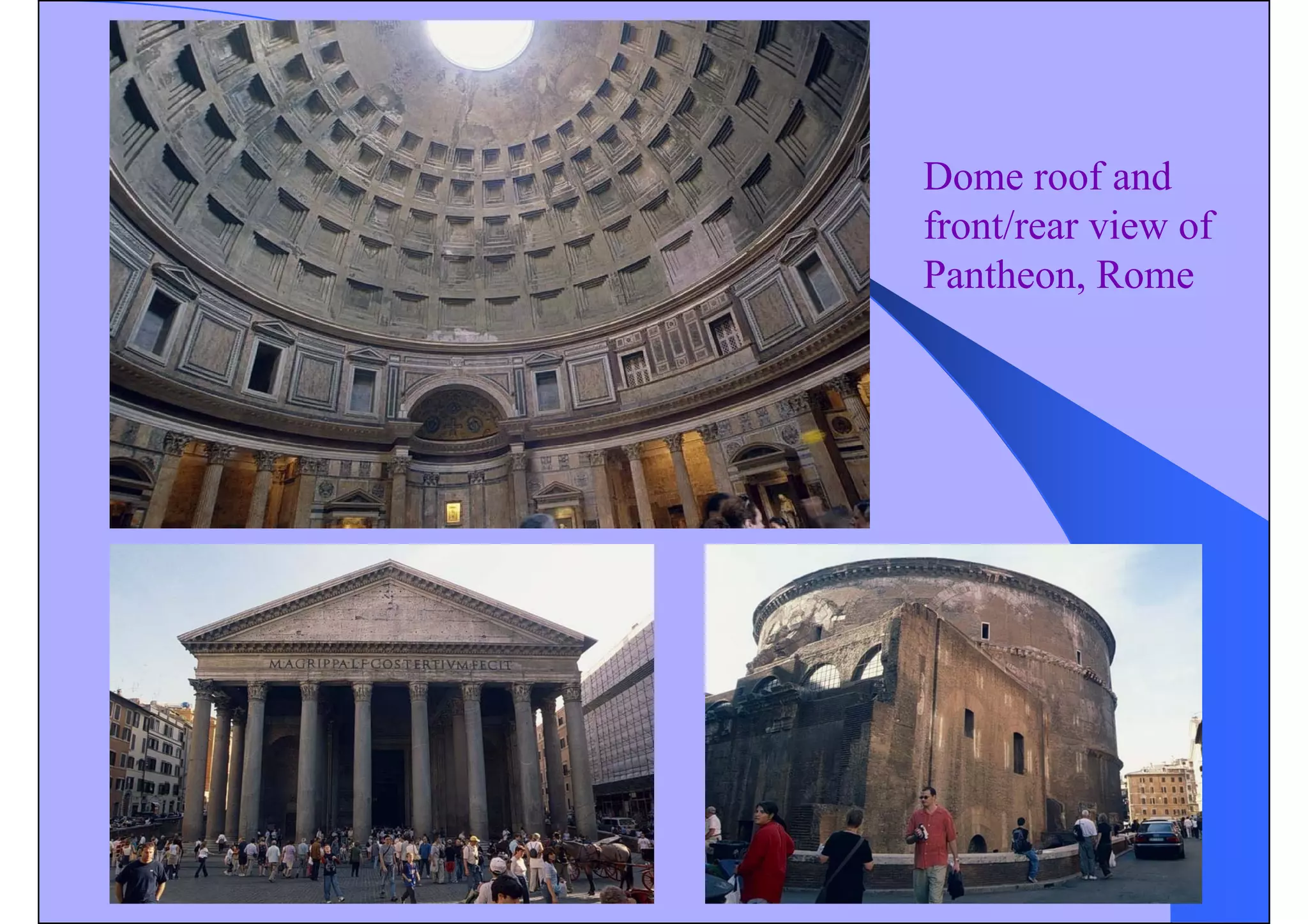 Dome roof and
front/rear view of
Pantheon, Rome
 