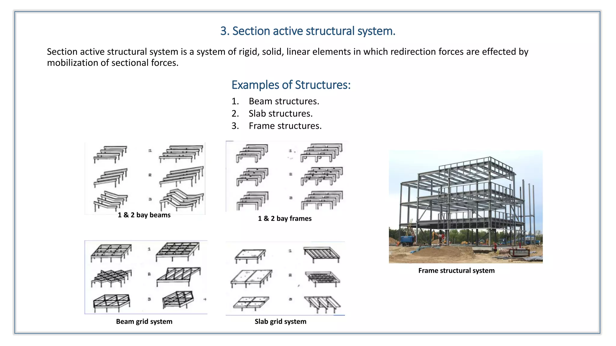 3. Section active structural system.
Section active structural system is a system of rigid, solid, linear elements in which redirection forces are effected by
mobilization of sectional forces.
Examples of Structures:
1. Beam structures.
2. Slab structures.
3. Frame structures.
1 & 2 bay beams 1 & 2 bay frames
Beam grid system Slab grid system
Frame structural system
 