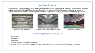 Long Span Structure.
Structures with a span larger than 15-20 meters are regarded to as long span structure. For such a structures span is unable
to be achieved with ordinary RCC construction. Generally, long span result in flexible, column free internal spaces. To
reduces substructure costs and time to erect the structure. For example – Stadium, Exhibition halls, Storage spaces, etc.
Exhibition Hall (Flexibility). Storage Space (Large scale structure). Stadium (Visibility).
Loads acting onto a structural systems:
1. Dead load.
2. Live load.
3. Wind load.
4. Stress created by temperature difference.
5. Stress created by other form disruption including ground movement, vibrations, deformation or earthquake.
 