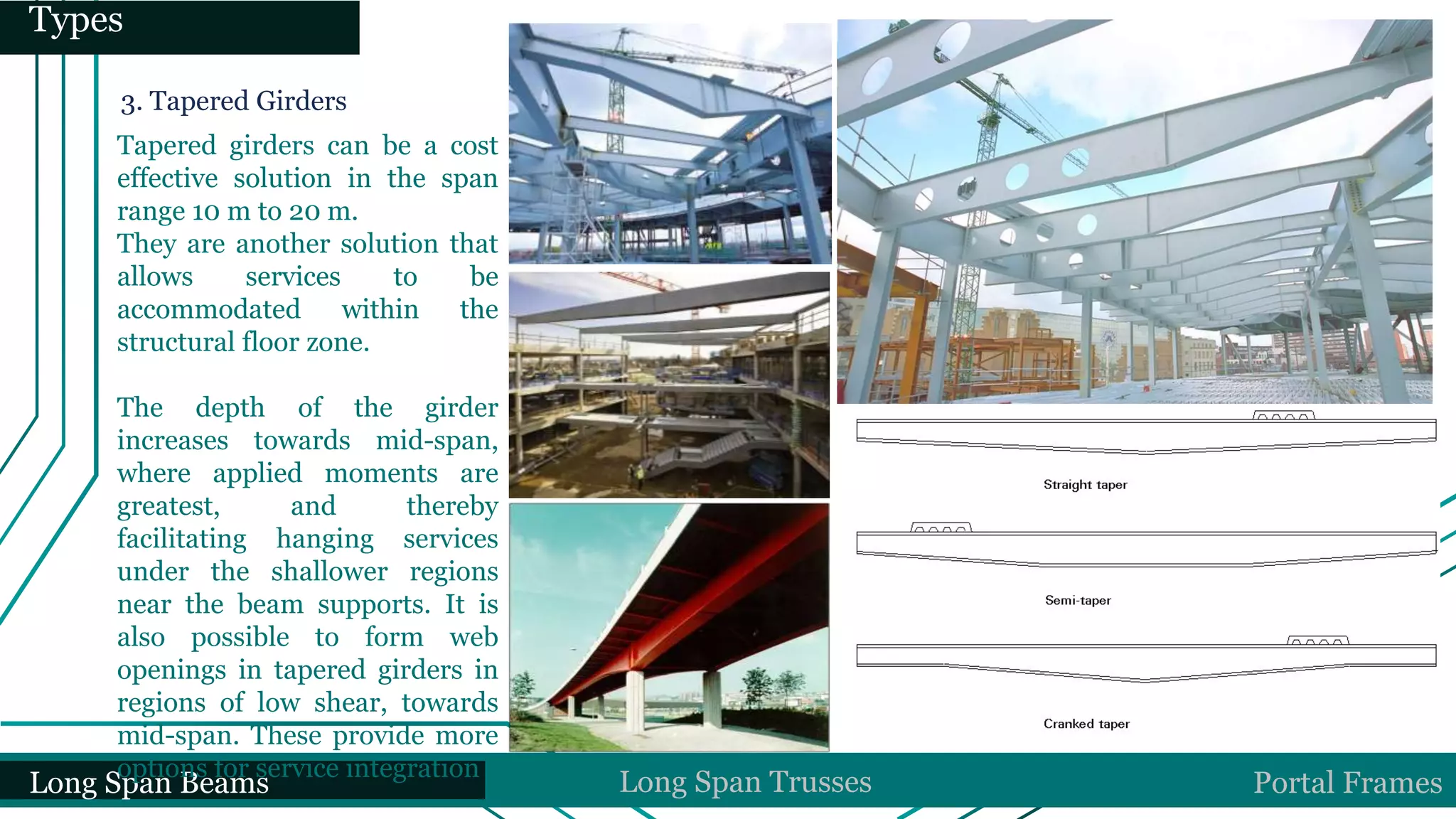 Long Span Beams Long Span Trusses Portal Frames
Types
3. Tapered Girders
Tapered girders can be a cost
effective solution in the span
range 10 m to 20 m.
They are another solution that
allows services to be
accommodated within the
structural floor zone.
The depth of the girder
increases towards mid-span,
where applied moments are
greatest, and thereby
facilitating hanging services
under the shallower regions
near the beam supports. It is
also possible to form web
openings in tapered girders in
regions of low shear, towards
mid-span. These provide more
options for service integration .
 