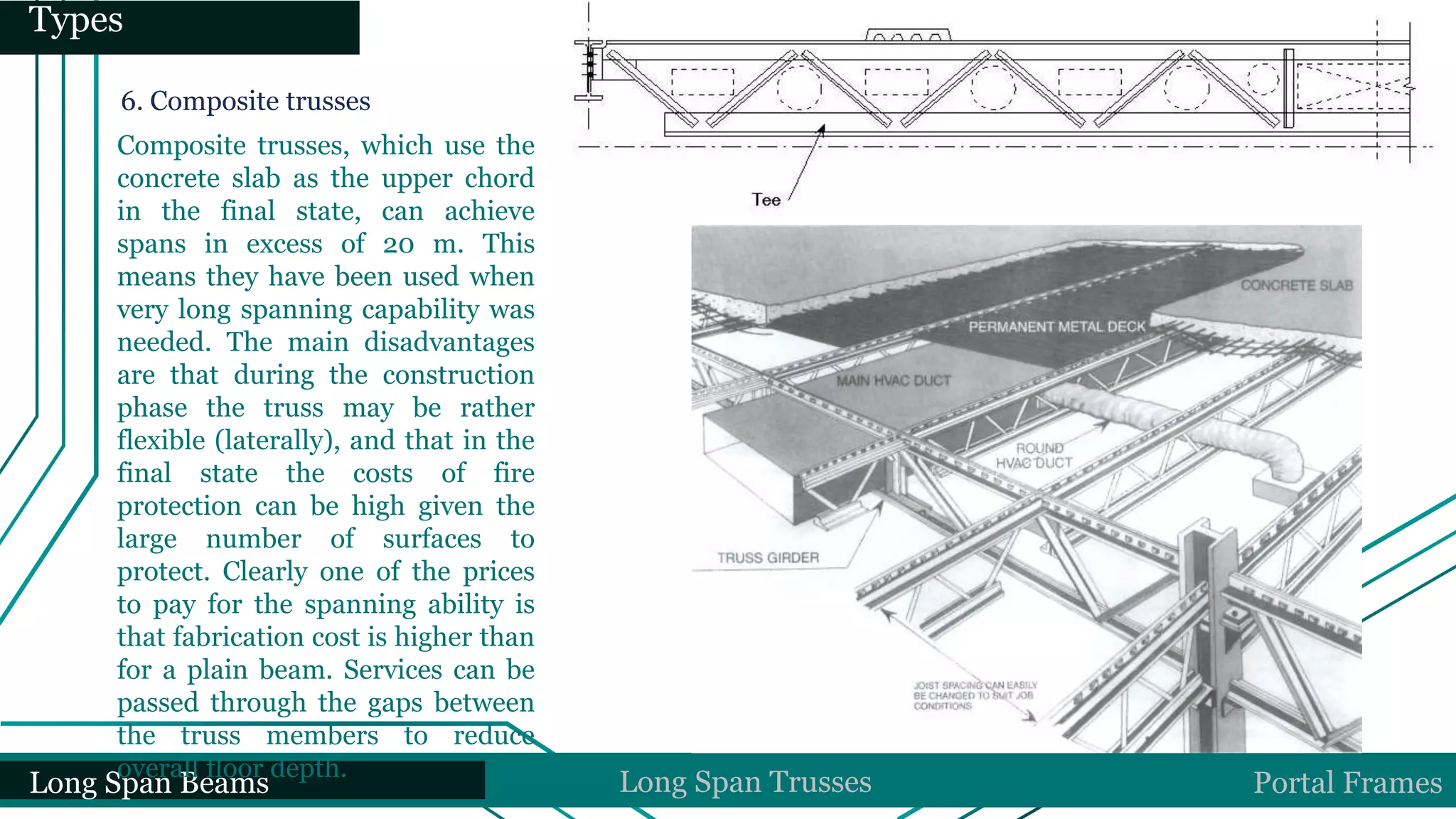 Long Span Beams Long Span Trusses Portal Frames
Types
6. Composite trusses
Composite trusses, which use the
concrete slab as the upper chord
in the final state, can achieve
spans in excess of 20 m. This
means they have been used when
very long spanning capability was
needed. The main disadvantages
are that during the construction
phase the truss may be rather
flexible (laterally), and that in the
final state the costs of fire
protection can be high given the
large number of surfaces to
protect. Clearly one of the prices
to pay for the spanning ability is
that fabrication cost is higher than
for a plain beam. Services can be
passed through the gaps between
the truss members to reduce
overall floor depth.
 