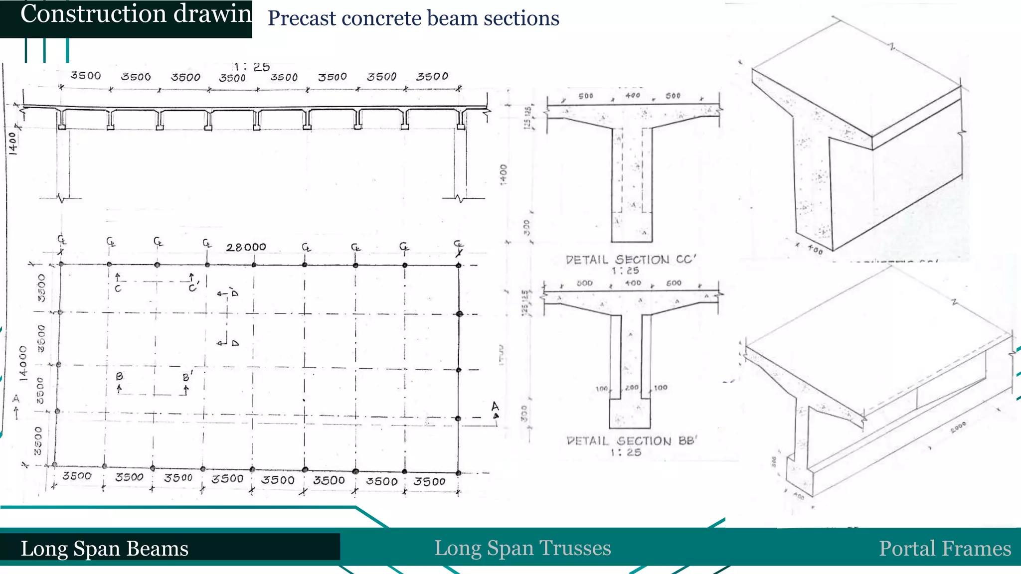 Long Span Beams Long Span Trusses Portal Frames
Construction drawingsPrecast concrete beam sections
 