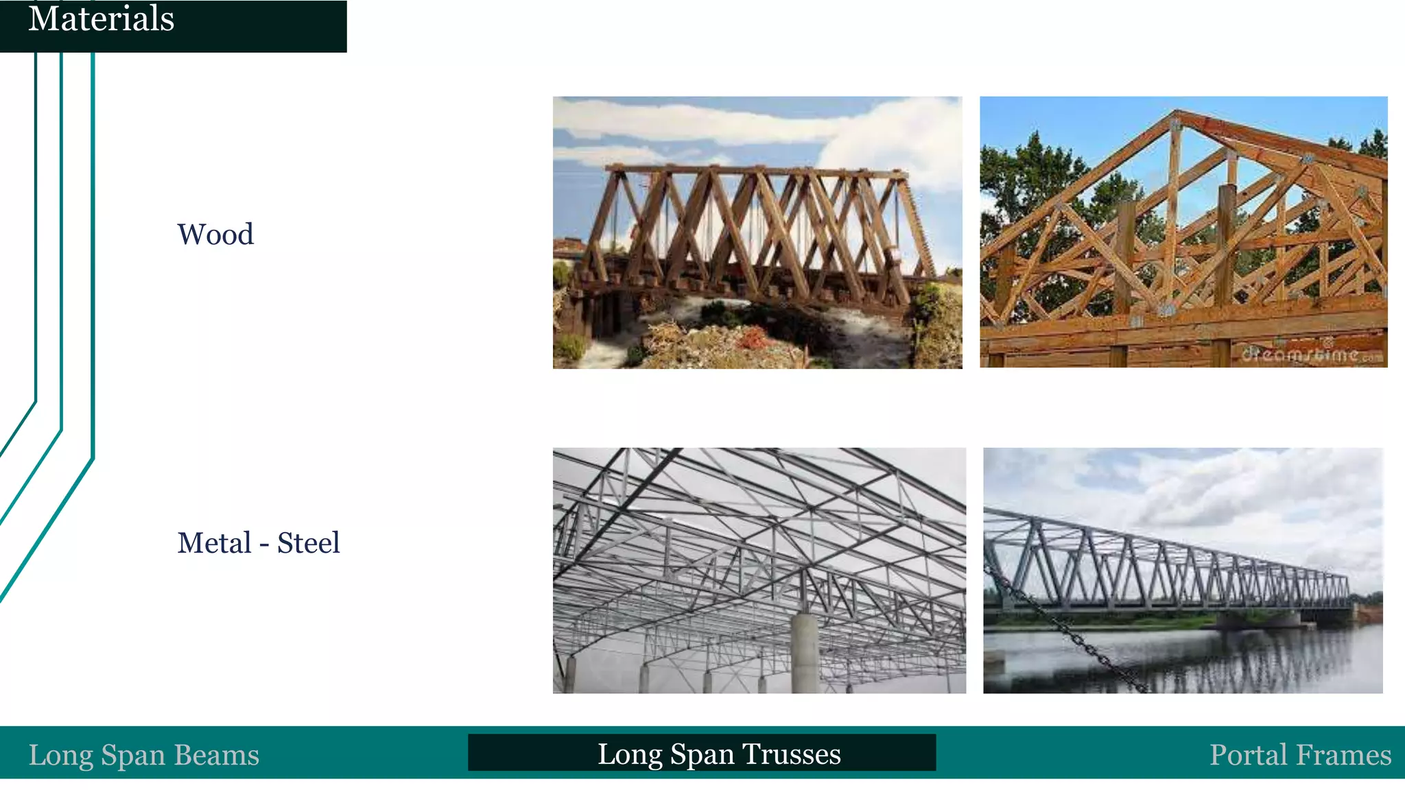 Wood
Metal - Steel
Long Span Beams Long Span Trusses Portal Frames
Materials
 
