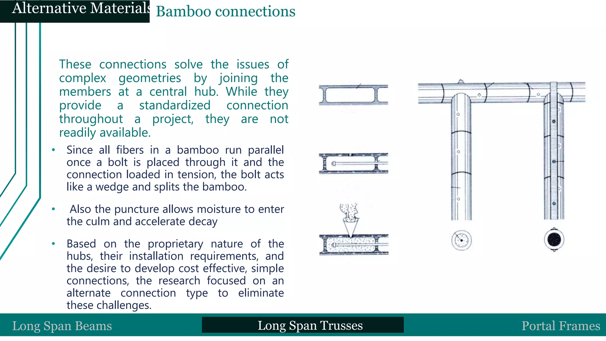 • Since all fibers in a bamboo run parallel
once a bolt is placed through it and the
connection loaded in tension, the bolt acts
like a wedge and splits the bamboo.
• Also the puncture allows moisture to enter
the culm and accelerate decay
• Based on the proprietary nature of the
hubs, their installation requirements, and
the desire to develop cost effective, simple
connections, the research focused on an
alternate connection type to eliminate
these challenges.
Modern Bamboo Connection
These connections solve the issues of
complex geometries by joining the
members at a central hub. While they
provide a standardized connection
throughout a project, they are not
readily available.
Long Span Beams Long Span Trusses Portal Frames
Alternative MaterialsBamboo connections
 