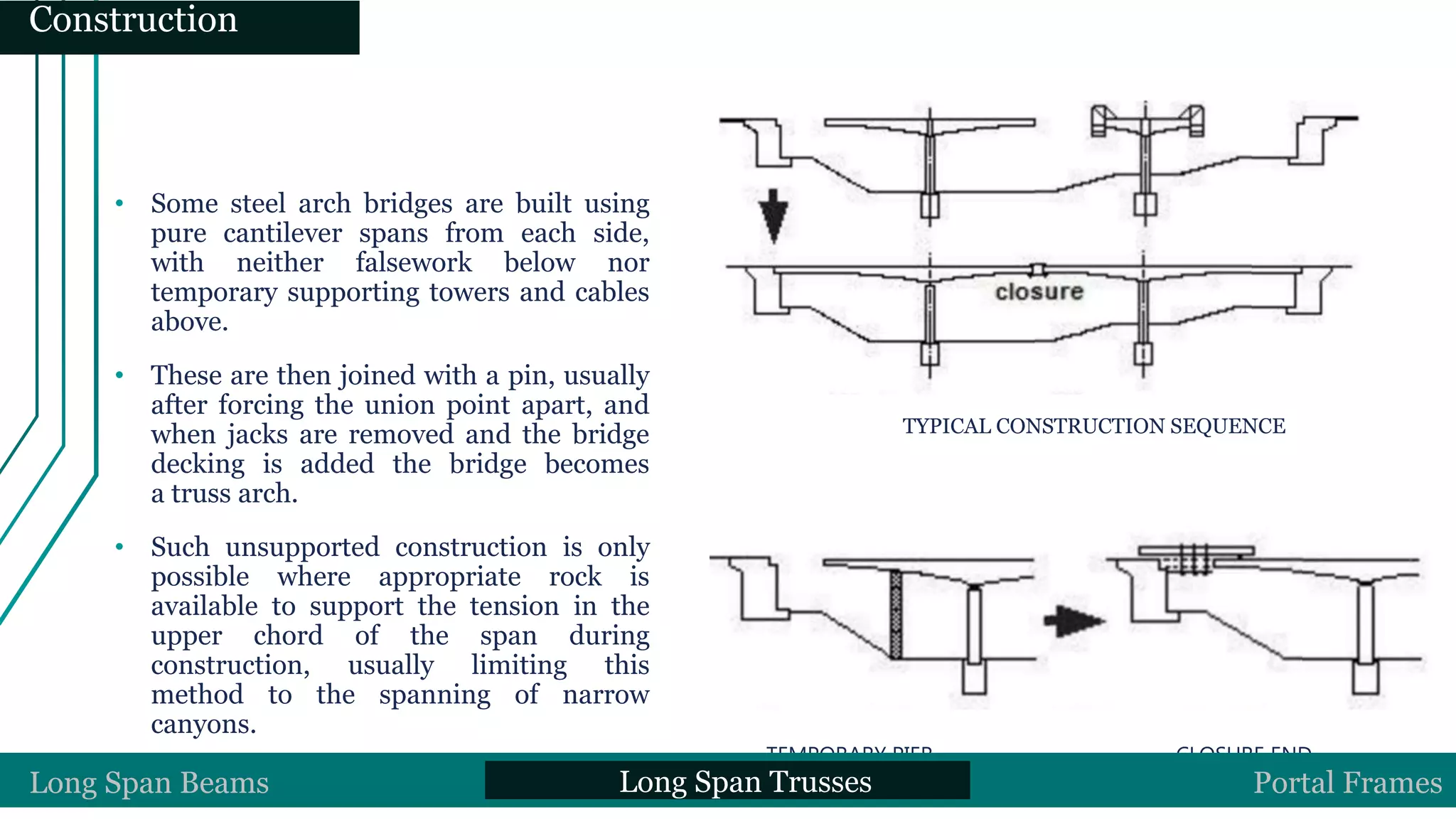 TEMPORARY PIER CLOSURE END
Long Span Beams Long Span Trusses Portal Frames
TYPICAL CONSTRUCTION SEQUENCE
• Some steel arch bridges are built using
pure cantilever spans from each side,
with neither falsework below nor
temporary supporting towers and cables
above.
• These are then joined with a pin, usually
after forcing the union point apart, and
when jacks are removed and the bridge
decking is added the bridge becomes
a truss arch.
• Such unsupported construction is only
possible where appropriate rock is
available to support the tension in the
upper chord of the span during
construction, usually limiting this
method to the spanning of narrow
canyons.
Construction
 