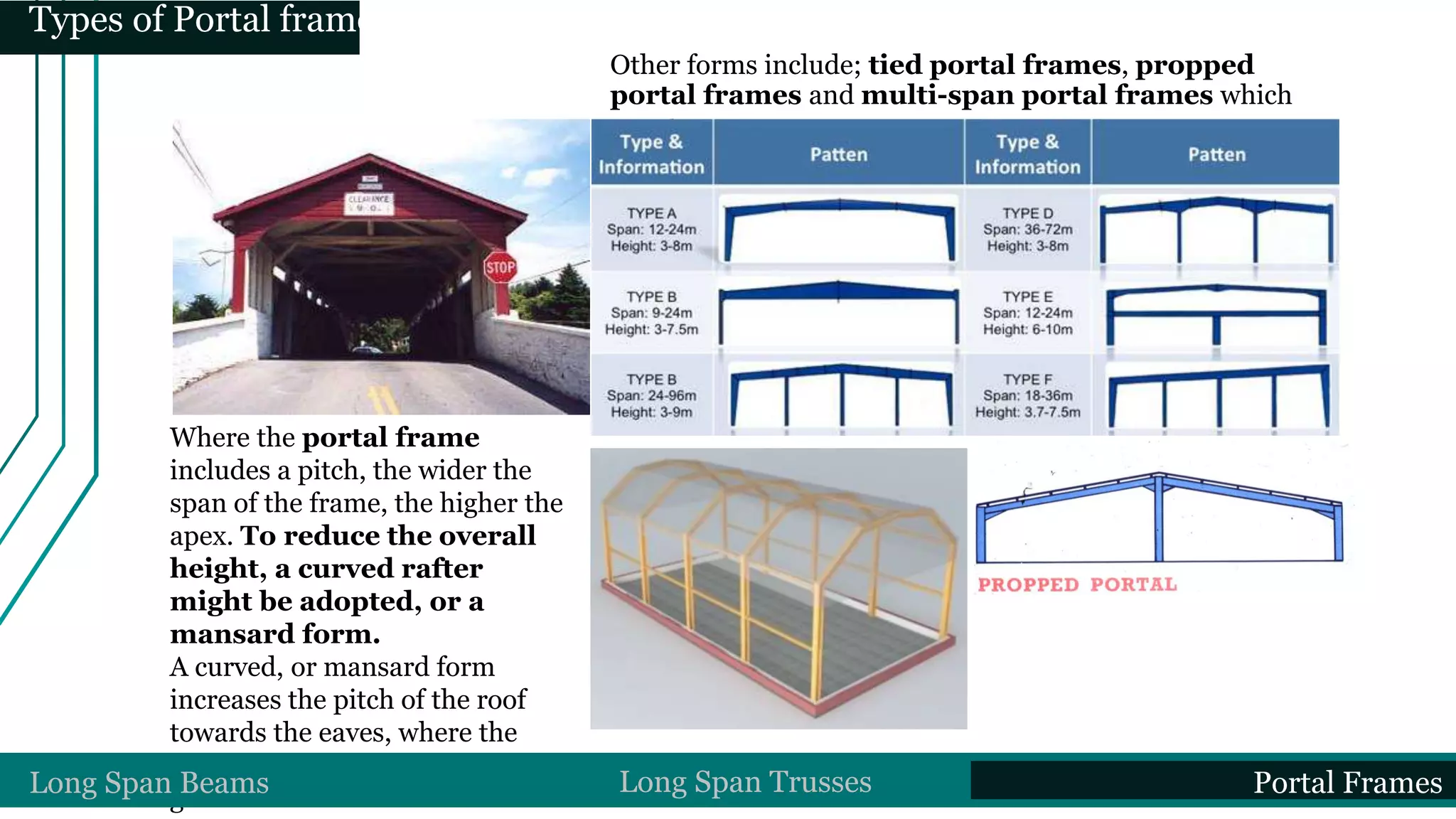 Other forms include; tied portal frames, propped
portal frames and multi-span portal frames which
very large areas.
Where the portal frame
includes a pitch, the wider the
span of the frame, the higher the
apex. To reduce the overall
height, a curved rafter
might be adopted, or a
mansard form.
A curved, or mansard form
increases the pitch of the roof
towards the eaves, where the
runoff is likely to be at its
greatest.
Types of Portal frames
Long Span Beams Long Span Trusses Portal Frames
 
