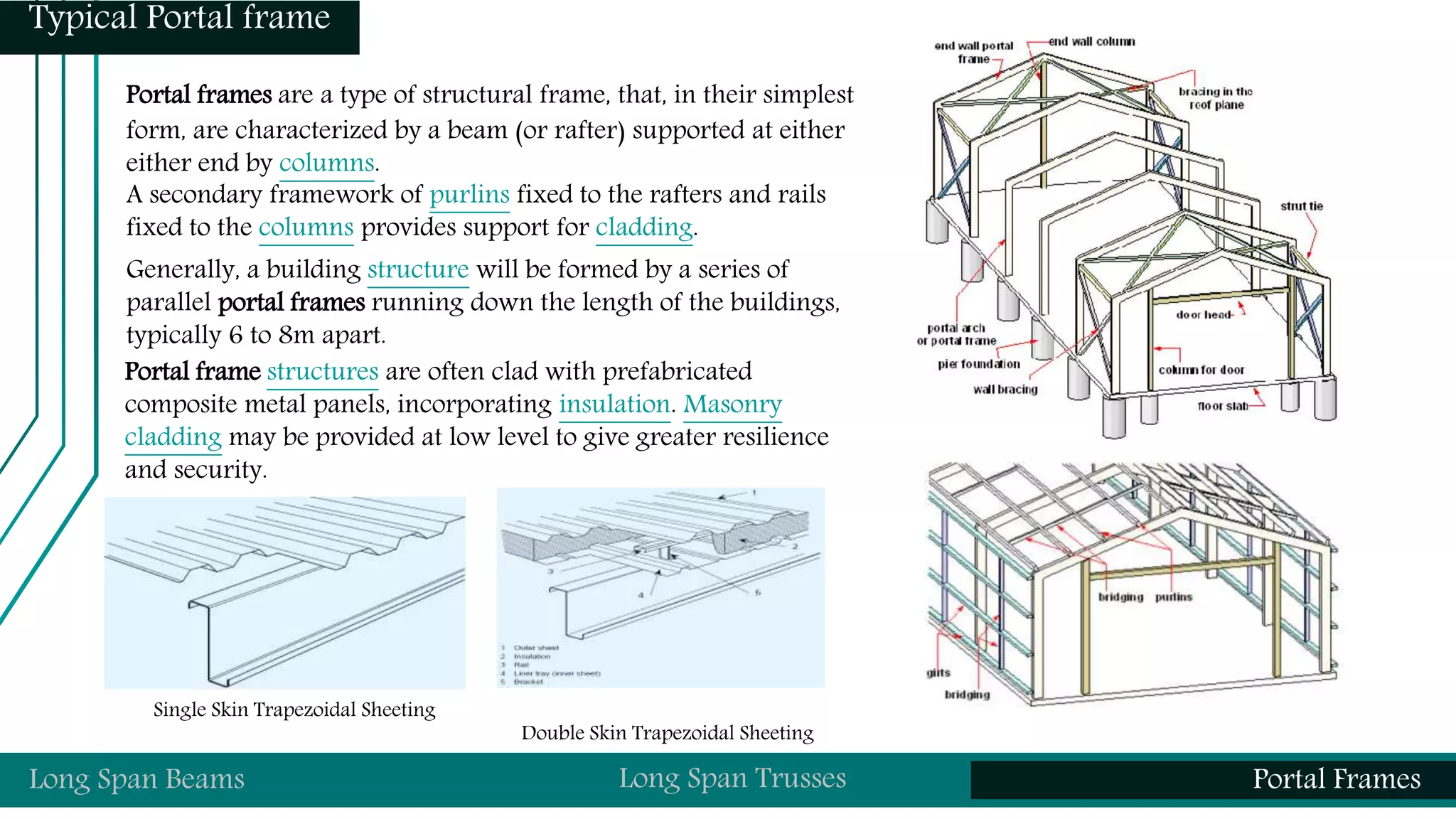 Portal frames are a type of structural frame, that, in their simplest
form, are characterized by a beam (or rafter) supported at either
either end by columns.
Portal frame structures are often clad with prefabricated
composite metal panels, incorporating insulation. Masonry
cladding may be provided at low level to give greater resilience
and security.
A secondary framework of purlins fixed to the rafters and rails
fixed to the columns provides support for cladding.
Generally, a building structure will be formed by a series of
parallel portal frames running down the length of the buildings,
typically 6 to 8m apart.
Single Skin Trapezoidal Sheeting
Double Skin Trapezoidal Sheeting
Typical Portal frame
Long Span Beams Long Span Trusses Portal Frames
 