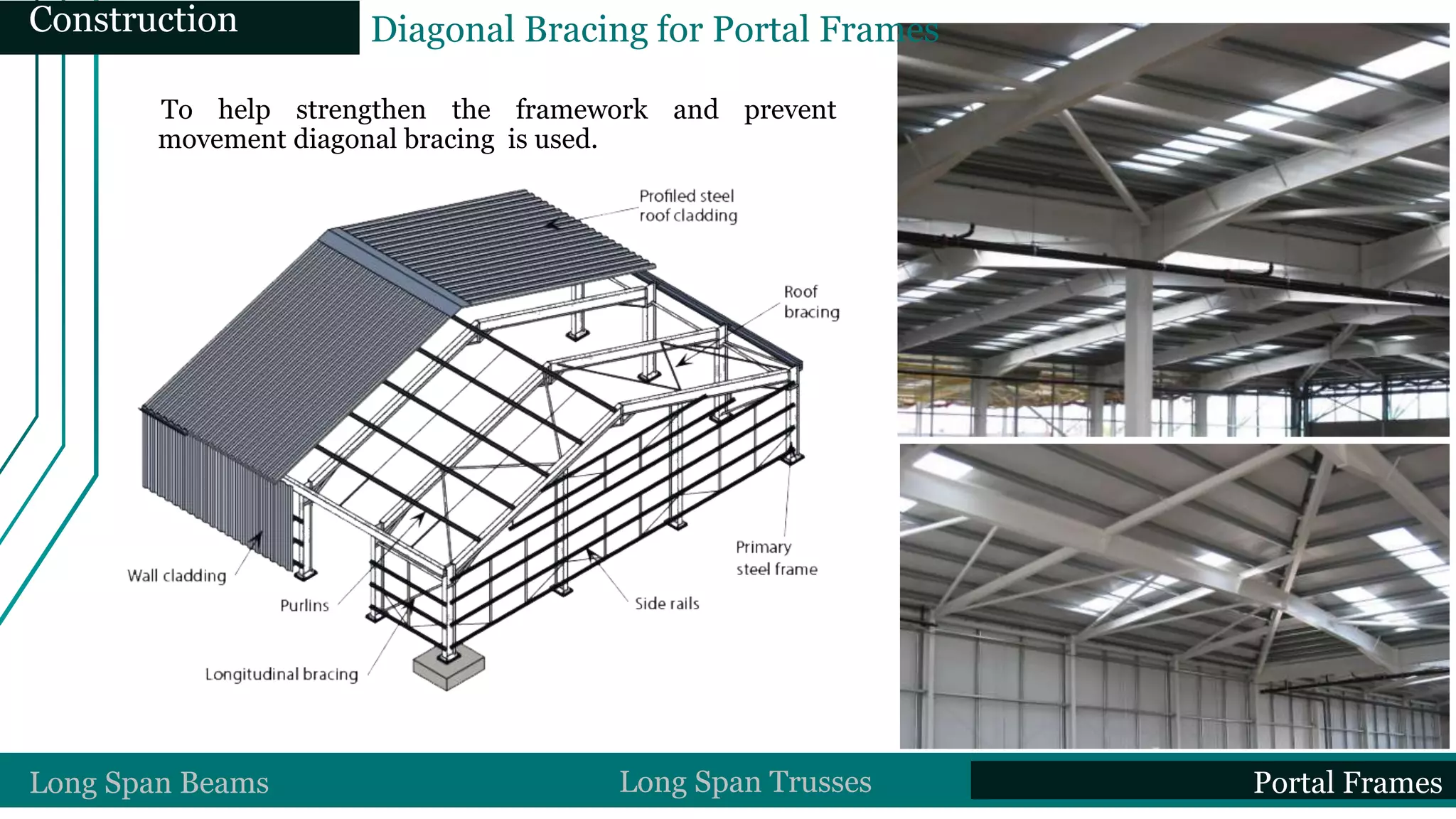 To help strengthen the framework and prevent
movement diagonal bracing is used.
Long Span Beams Long Span Trusses Portal Frames
Diagonal Bracing for Portal FramesConstruction
 