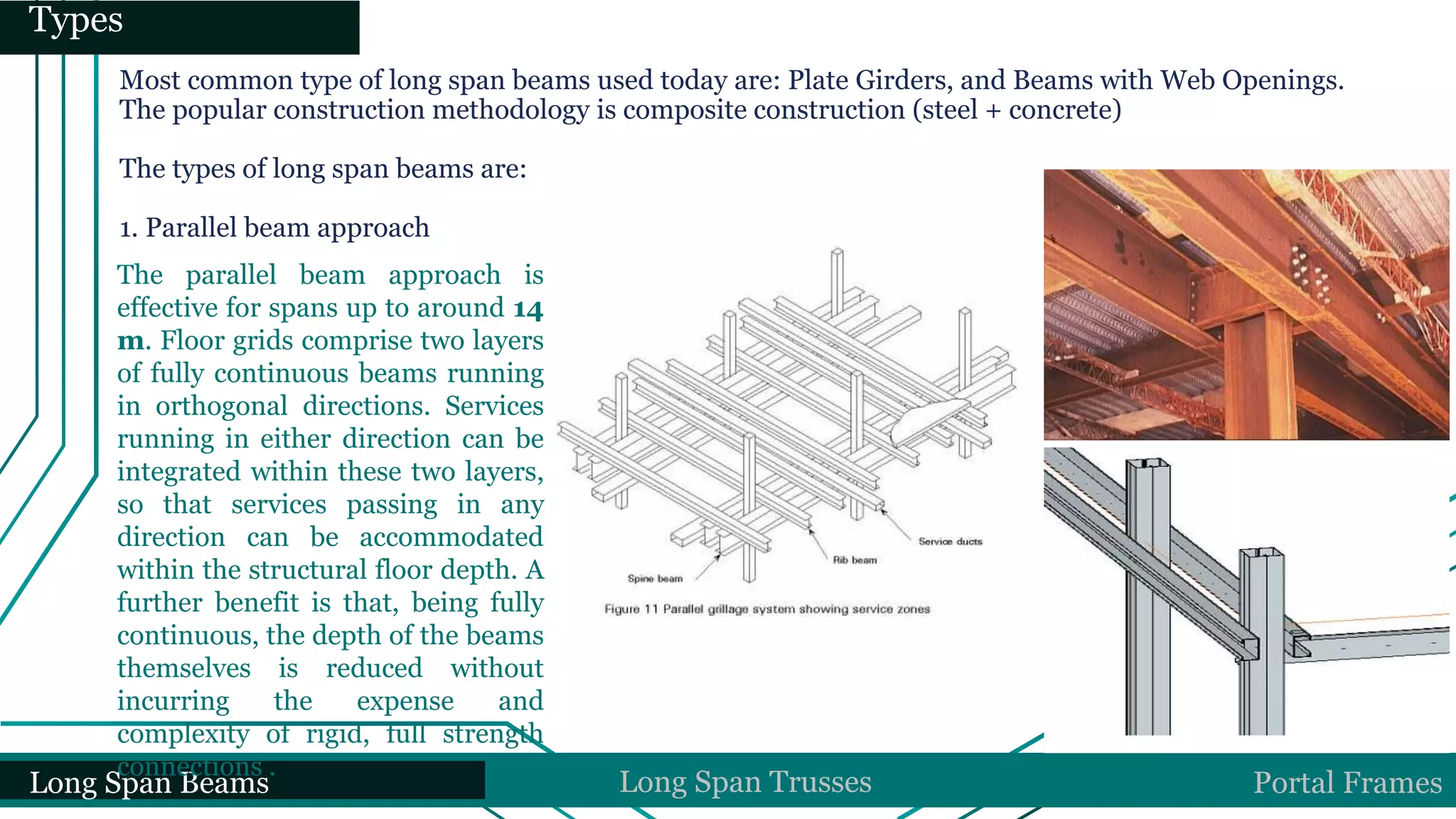 Long Span Beams Long Span Trusses Portal Frames
Types
Most common type of long span beams used today are: Plate Girders, and Beams with Web Openings.
The popular construction methodology is composite construction (steel + concrete)
The types of long span beams are:
1. Parallel beam approach
The parallel beam approach is
effective for spans up to around 14
m. Floor grids comprise two layers
of fully continuous beams running
in orthogonal directions. Services
running in either direction can be
integrated within these two layers,
so that services passing in any
direction can be accommodated
within the structural floor depth. A
further benefit is that, being fully
continuous, the depth of the beams
themselves is reduced without
incurring the expense and
complexity of rigid, full strength
connections .
 