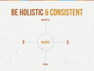 Be holistic & consistent
WEBSITE
SOCIAL
TELEVISION
VIDEO
PRINT
 