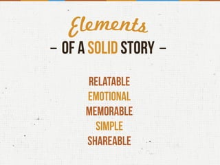 OF A SOLID STORY
Relatable
emotional
Memorable
SIMPLE
Shareable
 