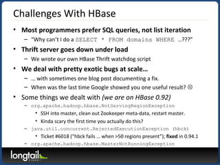 Challenges With HBase
• Most programmers prefer SQL queries, not list iteration
– “Why can’t I do a SELECT * FROM domains WHERE …???”
• Thrift server goes down under load
– We wrote our own HBase Thrift watchdog script
• We deal with pretty exotic bugs at scale…
– … with sometimes one blog post documenting a fix.
– When was the last time Google showed you one useful result? 
• Some things we dealt with (we are on HBase 0.92)
– org.apache.hadoop.hbase.NotServingRegionException
• SSH into master, clean out Zookeeper meta-data, restart master.
• Kinda scary the first time you actually do this?
– java.util.concurrent.RejectedExecutionException (hbck)
• Ticket #6018 (“hbck fails … when >50 regions present”); fixed in 0.94.1
– org.apache.hadoop.hbase.MasterNotRunningException
 