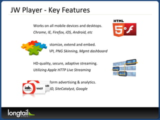 JW Player - Key Features
Works on all mobile devices and desktops.
Chrome, IE, Firefox, iOS, Android, etc
Easy to customize, extend and embed.
Scripting API, PNG Skinning, Mgmt dashboard
HD-quality, secure, adaptive streaming.
Utilizing Apple HTTP Live Streaming
Cross-platform advertising & analytics.
VAST/VPAID, SiteCatalyst, Google
 