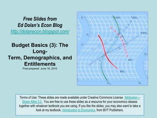 Free Slides fromEd Dolan’s Econ Bloghttp://dolanecon.blogspot.com/Budget Basics (3): The Long-Term, Demographics, and EntitlementsPost prepared  June 18, 2010 Terms of Use: These slides are made available under Creative Commons License  Attribution—Share Alike 3.0 . You are free to use these slides as a resource for your economics classes together with whatever textbook you are using. If you like the slides, you may also want to take a look at my textbook, Introduction to Economics, from BVT Publishers.  