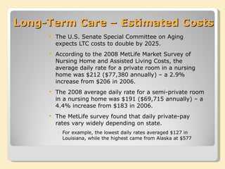 Long-Term Care – Estimated Costs The U.S. Senate Special Committee on Aging expects LTC costs to double by 2025. According to the 2008 MetLife Market Survey of Nursing Home and Assisted Living Costs, the average daily rate for a private room in a nursing home was $212 ($77,380 annually) – a 2.9% increase from $206 in 2006. The 2008 average daily rate for a semi-private room in a nursing home was $191 ($69,715 annually) – a 4.4% increase from $183 in 2006.  The MetLife survey found that daily private-pay rates vary widely depending on state. For example, the lowest daily rates averaged $127 in Louisiana, while the highest came from Alaska at $577 