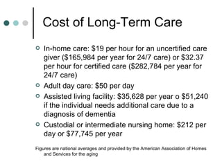 Cost of Long-Term Care   In-home care: $19 per hour for an uncertified care giver ($165,984 per year for 24/7 care) or $32.37 per hour for certified care ($282,784 per year for 24/7 care) Adult day care: $50 per day Assisted living facility: $35,628 per year o $51,240 if the individual needs additional care due to a diagnosis of dementia Custodial or intermediate nursing home: $212 per day or $77,745 per year Figures are national averages and provided by the American Association of Homes and Services for the aging 