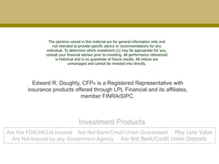The opinions voiced in this material are for general information only and
                  not intended to provide specific advice or recommendations for any
              individual. To determine which investment (s) may be appropriate for you,
              consult your financial advisor prior to investing. All performance referenced
                    is historical and is no guarantee of future results. All indices are
                             unmanaged and cannot be invested into directly.




         Edward R. Doughty, CFP® is a Registered Representative with
       insurance products offered through LPL Financial and its affiliates,
                             member FINRA/SIPC.



                                  Investment Products
Are Not FDIC/NCUA Insured Are Not Bank/Credit Union Guaranteed May Lose Value
  Are Not Insured by any Government Agency Are Not Bank/Credit Union Deposits
 
