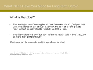 What Plans Have You Made for Long-term Care?


   What is the Cost?

   •    The average cost of nursing home care is more than $71,000 per year.
        With cost increasing at about 5% a year, the cost of a semi-private
        room in 2030 is estimated to reach $190,000 a year.¹

   •    The national annual average cost for home health care is over $43,000
        or more than $19 per hour.²

   *Costs may vary by geography and the type of care received.




   1 John Hancock 2005 Cost of Care Survey, conducted by Harris, Rothenberg International, LLC, 2005.
   2 Genworth Cost of Care Survey, 2008
 
