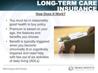 INSURANCE
LONG-TERM CARE
• You must be in reasonably
good health to buy policy
• Premium is based on your
age, the features and
benefits you choose
• Benefit is typically triggered
when you become
chronically ill or cognitively
impaired and need help
with two out of six activities
of daily living (ADLs)
How Does It Work?
12
 