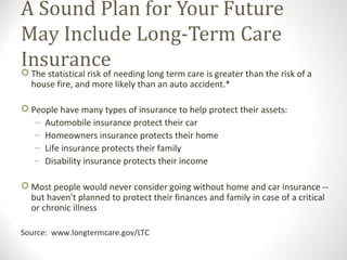 A Sound Plan for Your Future
May Include Long-Term Care
Insurance The statistical risk of needing long term care is greater than the risk of a
house fire, and more likely than an auto accident.*
 People have many types of insurance to help protect their assets:
– Automobile insurance protect their car
– Homeowners insurance protects their home
– Life insurance protects their family
– Disability insurance protects their income
 Most people would never consider going without home and car insurance --
but haven't planned to protect their finances and family in case of a critical
or chronic illness
Source: www.longtermcare.gov/LTC
 