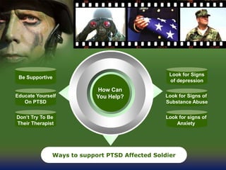 Be Supportive
How Can
You Help?
Look for signs of
Anxiety
Look for Signs of
Substance Abuse
Look for Signs
of depression
Ways to support PTSD Affected Soldier
Educate Yourself
On PTSD
Don’t Try To Be
Their Therapist
 