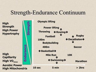 Strength-Endurance Continuum High  Strength High Power Hypertrophy Olympic lifting Power lifting Throwing   Rowing   Football 100m   Decathalon     Swimming   Marathon  Basketball  High  Capillarity High VO 2max Aerobic Power High Mitochondria Bodybuilding Rugby 400m Mile Run Soccer 10K 10 sec 5 min > 2hrs Endurance Strength 
