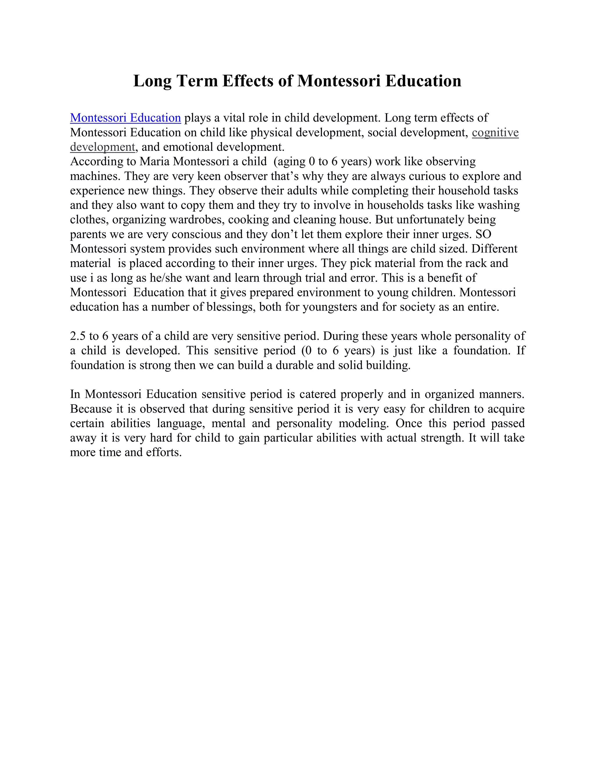 Long Term Effects of Montessori Education | PDF