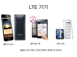 LTE 기기




갤럭시 노트         옵티머스 뷰            베가 LTE


         뱀발로 LTE 적용 기기의 화면은 대체로 큰 편이다
 