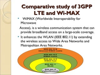 Comparative study of 3GPP
       LTE and Wi-MAX
   WiMAX (Worldwide Interoperability for
  Microwave
 Access), is a wireless communication system that can
  provide broadband access on a large-scale coverage.
 It enhances the WLAN (IEEE 802.11) by extending
  the wireless access to Wide Area Networks and
  Metropolitan Area Networks.
 