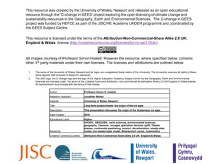 ReferencesBerner, R.A. 1990. Atmospheric carbon dioxide levels over Phanerozoic time. Science, 249: 1382-1386.Broecker, W.S. and Denton, G.H. 1990. What drives glacial cycles? Scientific American, 262(1): 48-56.Harris, S.A. 2002. Global heat budget, plate tectonics and climate change. GeografiskaAnnaler, A84: 1-9.Hays, J.D., Imbrie, J. and Shackleton, N.J. 1976. Variations in the earth’s orbit: pacemaker of the ice ages. Science, 194: 1121-1132.Molnar, P. and England, P. 1990. Late Cenozoic uplift of mountain-ranges and global climate change – chicken or egg? Nature, 346: 29-34.Paterson, D. 1993. Did Tibet cool the world? New Scientist, 2nd July issue, 29-33.Raymo, M.E. and Ruddiman, W.F. 1992. Tectonic forcing of late Cenozoic climate. Nature, 359: 117-122.Raymo, M.E., Ruddiman, W.F. and Froelich, P.N. 1988. Influence of late Cenozoic mountain building on ocean geochemical cycles. Geology, 16: 649-653.Ruddiman, W.F. and Kutzbach, J.E. 1991. Plateau uplift and climatic change. Scientific American, 264(3): 66-.Sundquist, E.T. 1991. Steady- and non-steady-state carbonate-silicate controls on atmospheric CO2. Quaternary Science Reviews, 10: 283-296.