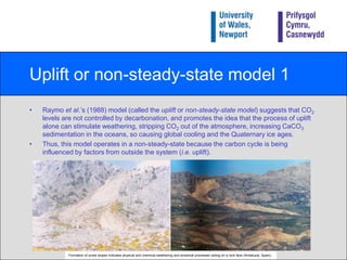 Geochemical or steady-state model 2In conjunction with the weathering processes themselves (which consume atmospheric CO2), detrital rain in the water column takes carbon out of circulation until the sediments are decarbonated.This process maintains a steady-state relationship between weathering, decarbonation, and atmospheric CO2 levels, and so essentially weathering is controlled by decarbonation.The variation in CO2 throughout the Phanerozoic is apparently related to the relationship of tectonic activity, rise of vascular plants, and the burial of organic matter.The Quaternary ice ages are attributed by Berner (1990) to a general decrease in decarbonation over the last 100 Ma and an increase in the burial of organic matter.