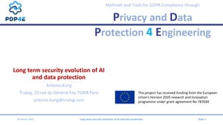 Methods and Tools for GDPR Compliance through
Privacy and Data
Protection 4 Engineering
Long term security evolution of AI
and data protection
Antonio Kung
Trialog, 25 rue du Général Foy 75008 Paris
antonio.kung@trialog.com
26 March 2021 Long-term security evolution of AI and data protection Slide 1
This project has received funding from the European
Union’s Horizon 2020 research and innovation
programme under grant agreement No 787034
 