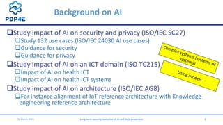 Background on AI
❑Study impact of AI on security and privacy (ISO/IEC SC27)
❑Study 132 use cases (ISO/IEC 24030 AI use cas...