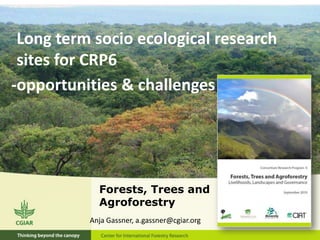Long term socio ecological research
 sites for CRP6
-opportunities & challenges




            Forests, Trees and
            Agroforestry
          Anja Gassner, a.gassner@cgiar.org
 