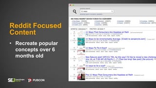 • Recreate popular
concepts over 6
months old
Reddit Focused
Content
 