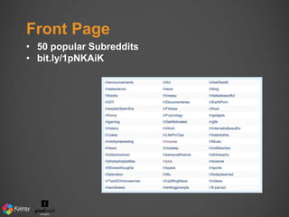 Front Page 
• 50 popular Subreddits 
• bit.ly/1pNKAiK 
 