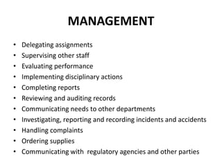 MANAGEMENT
• Delegating assignments
• Supervising other staff
• Evaluating performance
• Implementing disciplinary actions
• Completing reports
• Reviewing and auditing records
• Communicating needs to other departments
• Investigating, reporting and recording incidents and accidents
• Handling complaints
• Ordering supplies
• Communicating with regulatory agencies and other parties
 
