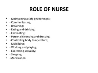 ROLE OF NURSE
• - Maintaining a safe environment;
• - Communicating;
• - Breathing;
• - Eating and drinking;
• - Eliminating;
• - Personal cleansing and dressing;
• -Controlling body temperature;
• - Mobilizing;
• - Working and playing;
• - Expressing sexuality;
• - Sleeping;
• -Mobilization
 