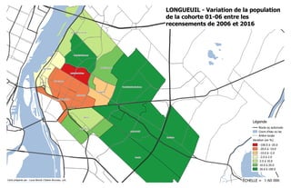 LONGUEUIL - Variation de la population
de la cohorte 01-06 entre les
recensements de 2006 et 2016
Route ou autoroute
Cours d'eau ou lac
Artère locale
Variation (en %)
-100.0 à -20.0
-20.0 à -10.0
-10.0 à -2.0
-2.0 à 2.0
2.0 à 10.0
10.0 à 20.0
20.0 à 100.0
Légende
1:60 000ÉCHELLE =Carte préparée par : Louis-Benoit L'Italien-Bruneau, urb.
 
